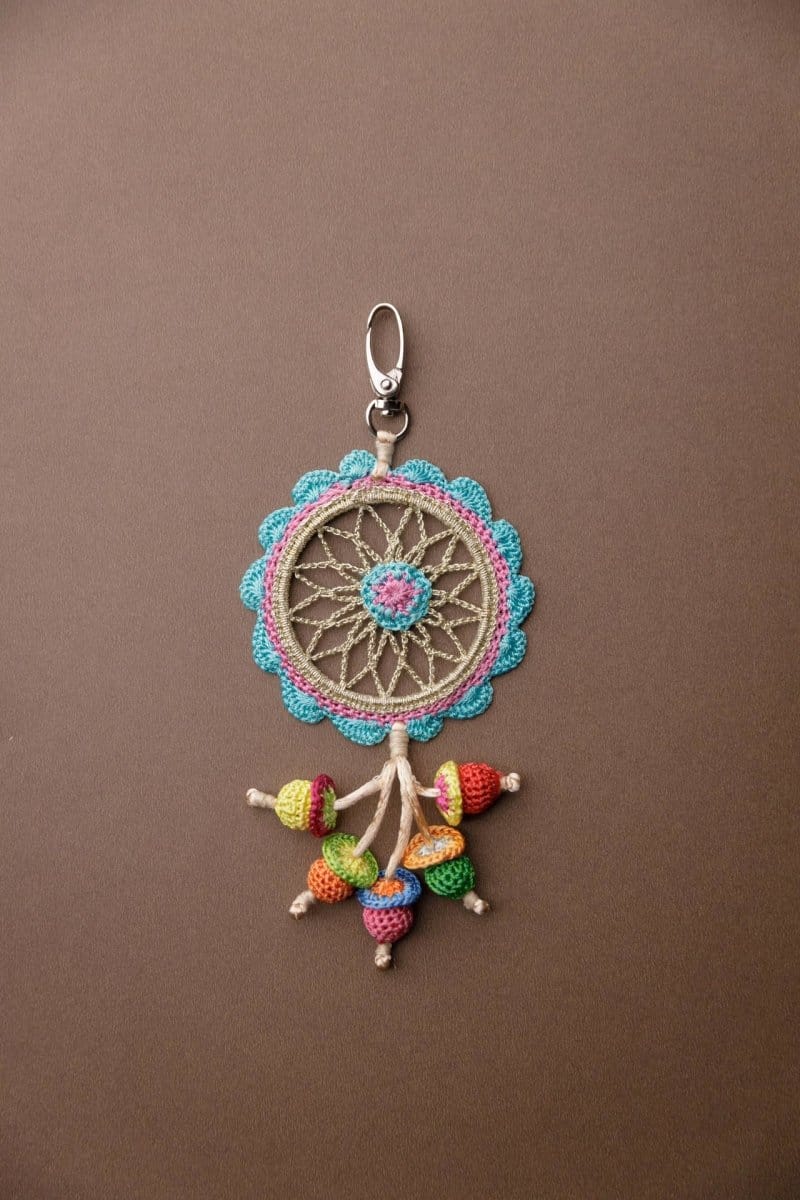 Samoolam Handmade Crochet Boho Bag Charm Key Chain Blue Dreamcatcher