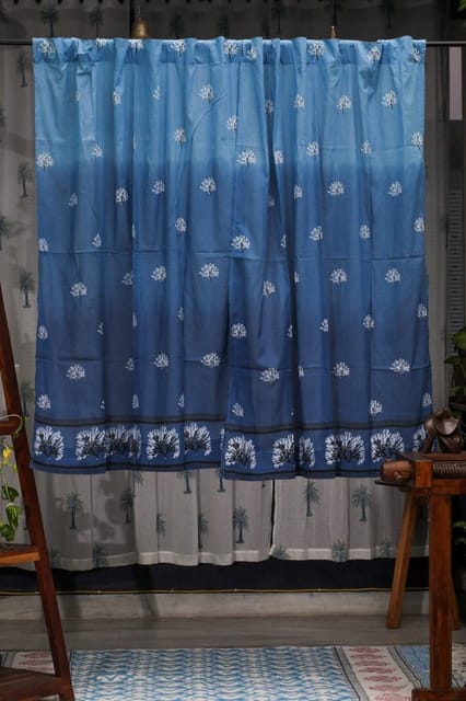 SootiSyahi 'Neela Aasmaan' Handblock Printed Cotton Window Curtain