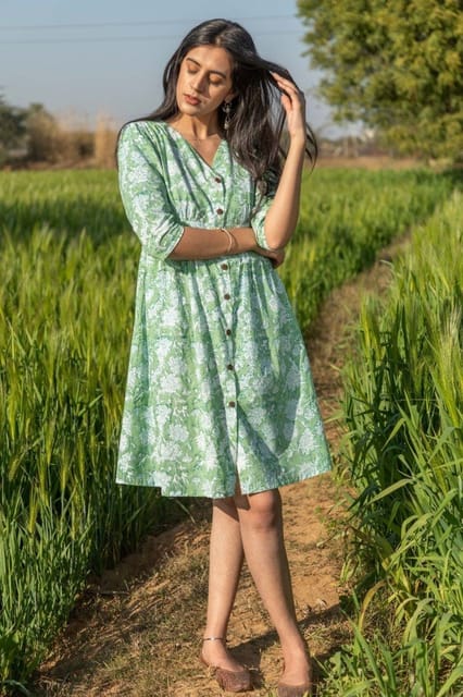 Sootisyahi 'Sea Sage' Azofree Handblock Printed Pure Cotton Dress