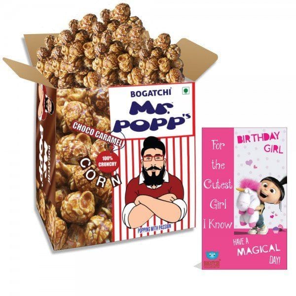 BOGATCHI  Mr.POPP's Chocolate Crunchy Caramel Gourmet Popcorn,  Birthday Gift for Girl , 375g + FREE Happy Birthday Greeting Card
