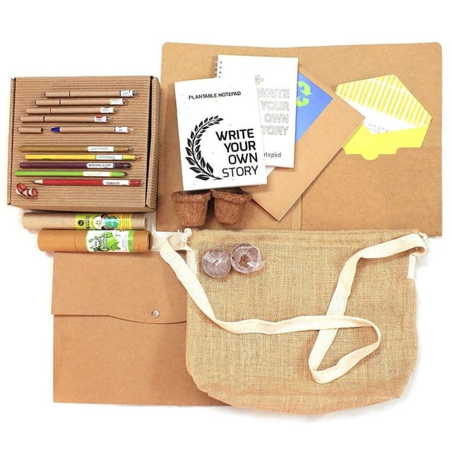 bioQ Eco-Friendly Mega Jute Kit | 1 Folder & Pouch (A4 size) + 2 Notepads (A5 size) + Combo of 5 Plantable Seed Pencils + 7 Eco Plantable Colouring Pens + 2 Mini Planting Sets | Eco Stationery Gift Set