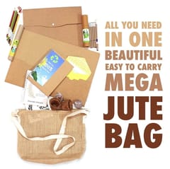 bioQ Eco-Friendly Mega Jute Kit | 1 Folder & Pouch (A4 size) + 2 Notepads (A5 size) + Combo of 5 Plantable Seed Pencils + 7 Eco Plantable Colouring Pens + 2 Mini Planting Sets | Eco Stationery Gift Set