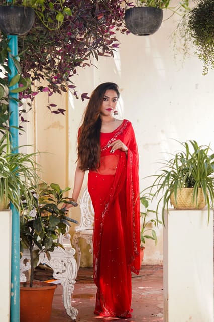 Red embroidered silk saree with blouse - Divine International Trading Co -  3646758