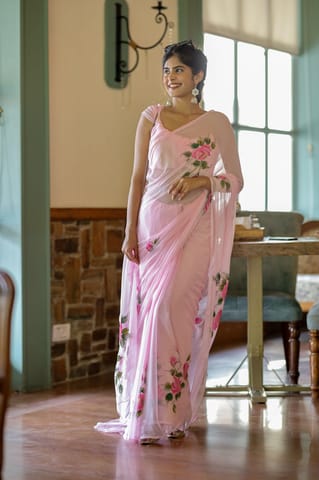 Dira By Dimple - Pastel Petal Dreams (Pink Hand Painted Chiffon Saree)