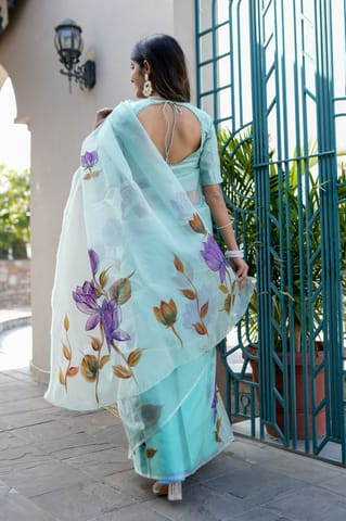 Dira By Dimple - Royal Blue Strokes - Organza Hand Painted Saree