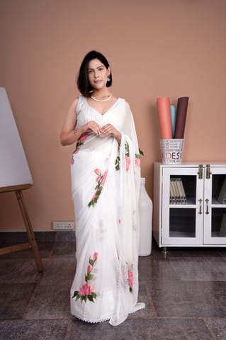 Dira By Dimple - Ivory Whispers - Hand Painted Chiffon Saree