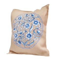 Guthali -Blue Pottery Handpainted Jute Cushion Cover