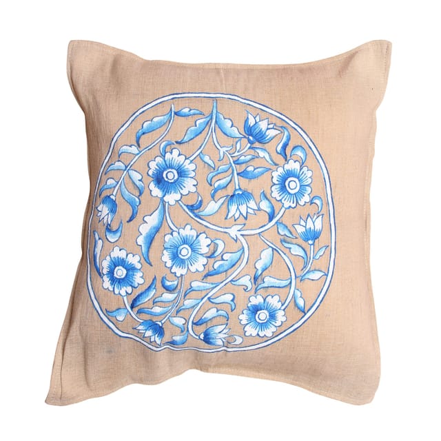 Guthali -Blue Pottery Handpainted Jute Cushion Cover
