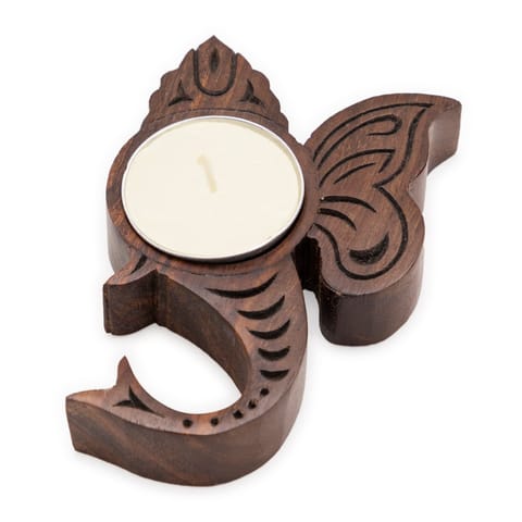 Eyaas - Block Carved Wood Stained T-light Holder Ganesha