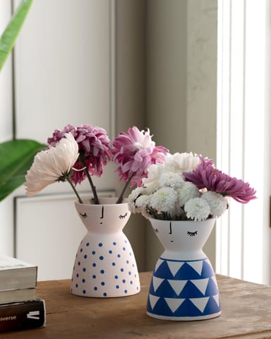 Eyaas - Ceramic Flower Vase (Set of 2) White Blue Dot & Triangle 5x4