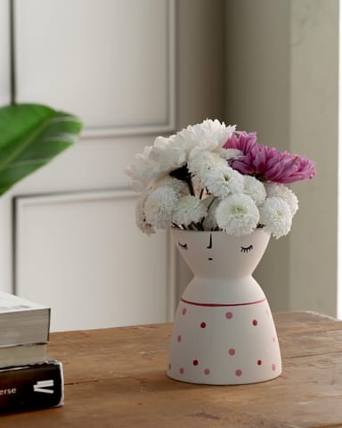 Eyaas - White Ceramic Flower Vase with Red & Pink Dots 5x4