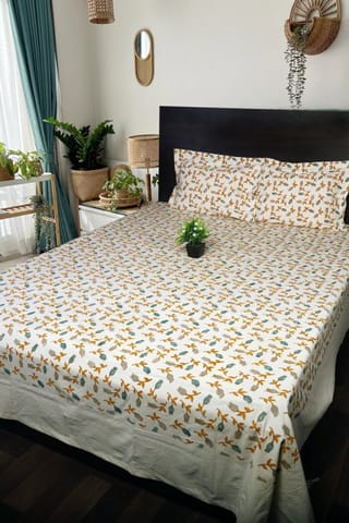 Rustic Route- Teal Blue & Occur Yellow Mughal Print Bedspread with Pillow Covers
