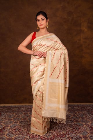 HKV Benaras -Pure Katan Silk Off White Kadhwa Meenakari Banarasi Saree