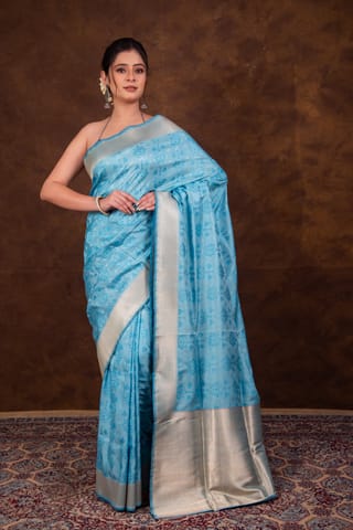 HKV Benaras -Pure Katan Silk Turquoise Kadhwa Satin Tanchoi Banarasi Saree