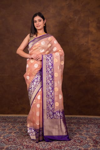 HKV Benaras -Pure Kora Organza silk Kadhwa Bootidar with Kadhiyal floral Border Banarasi Saree