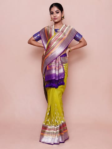 HKV Benaras -Temple Butidaar Multi Color Border Pure Silk Chiffon Georgette Saree