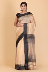 Living Looms of India - Maheshwari Zari Teal Border Tissue Peach Cotton and Silk Saree