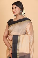 Living Looms of India - Maheshwari Zari Teal Border Tissue Peach Cotton and Silk Saree