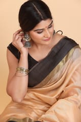 Living Looms of India - Maheshwari Zari Teal Border Tissue Peach Cotton and Silk Saree