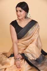 Living Looms of India - Maheshwari Zari Teal Border Tissue Peach Cotton and Silk Saree