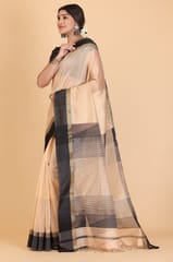 Living Looms of India - Maheshwari Zari Teal Border Tissue Peach Cotton and Silk Saree