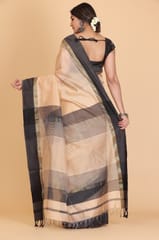 Living Looms of India - Maheshwari Zari Teal Border Tissue Peach Cotton and Silk Saree