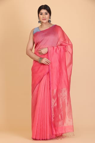 Living Looms of India - Maheshwari Zari Line Tissue Pallu Rose Pink Cotton and Silk Saree