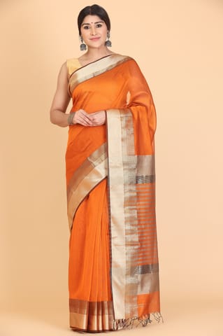 Living Looms of India - Maheshwari Cotton and Silk Zig Zag Rassa Rasta Biskit Orange Saree