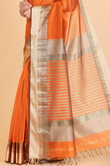 Living Looms of India - Maheshwari Cotton and Silk Zig Zag Rassa Rasta Biskit Orange Saree