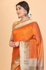 Living Looms of India - Maheshwari Cotton and Silk Zig Zag Rassa Rasta Biskit Orange Saree