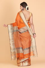 Living Looms of India - Maheshwari Cotton and Silk Zig Zag Rassa Rasta Biskit Orange Saree