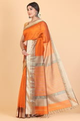 Living Looms of India - Maheshwari Cotton and Silk Zig Zag Rassa Rasta Biskit Orange Saree