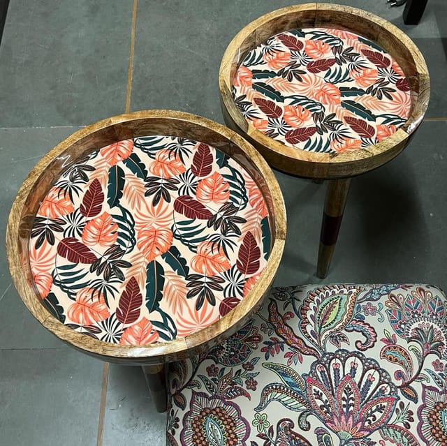 Khoj Crafts - Antika 9 -  Tropical Palm Tree Design ( Set of 2 circular tables)