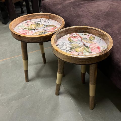 Khoj Crafts - Antika 8-  Watercolours Design ( Set of 2 Circular Tables)