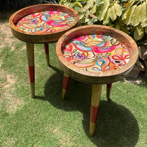 Khoj Crafts - Antika 2- Summer Flowers Design ( Set of 2 Circular Tables )