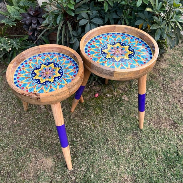 Khoj Crafts - Antika 7-  Pair of  Circular tables ( Set of 2)