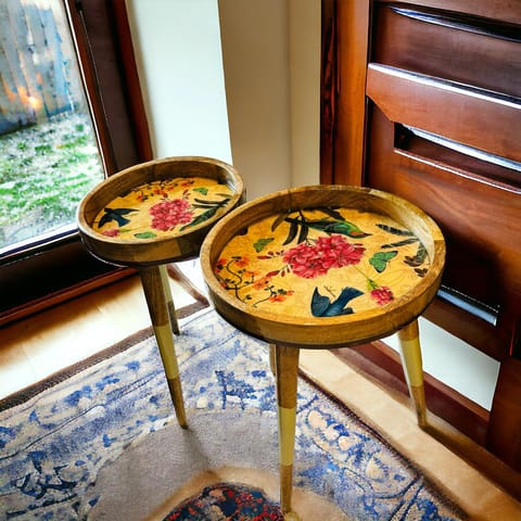 Khoj Crafts - Antika 6-  Blossoms and Birds  (Set of 2 Circular Tables)