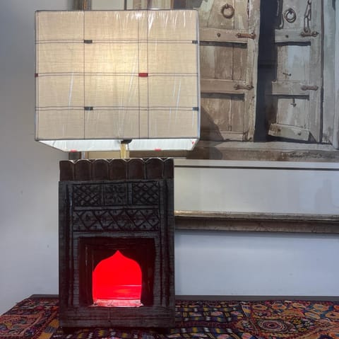 Khoj Crafts - Shafza- Wooden  Mughal Arch Lamp with Shade