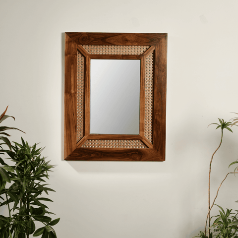 Vintage Teak Cane Wall Mirror