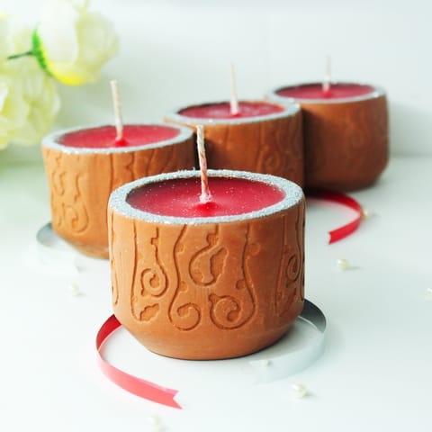 Craftlipi - Terracotta Clay Designer "DOMATIC CYLINDER" Perfumed Candle / Reusable Candle Holder - Set of 4